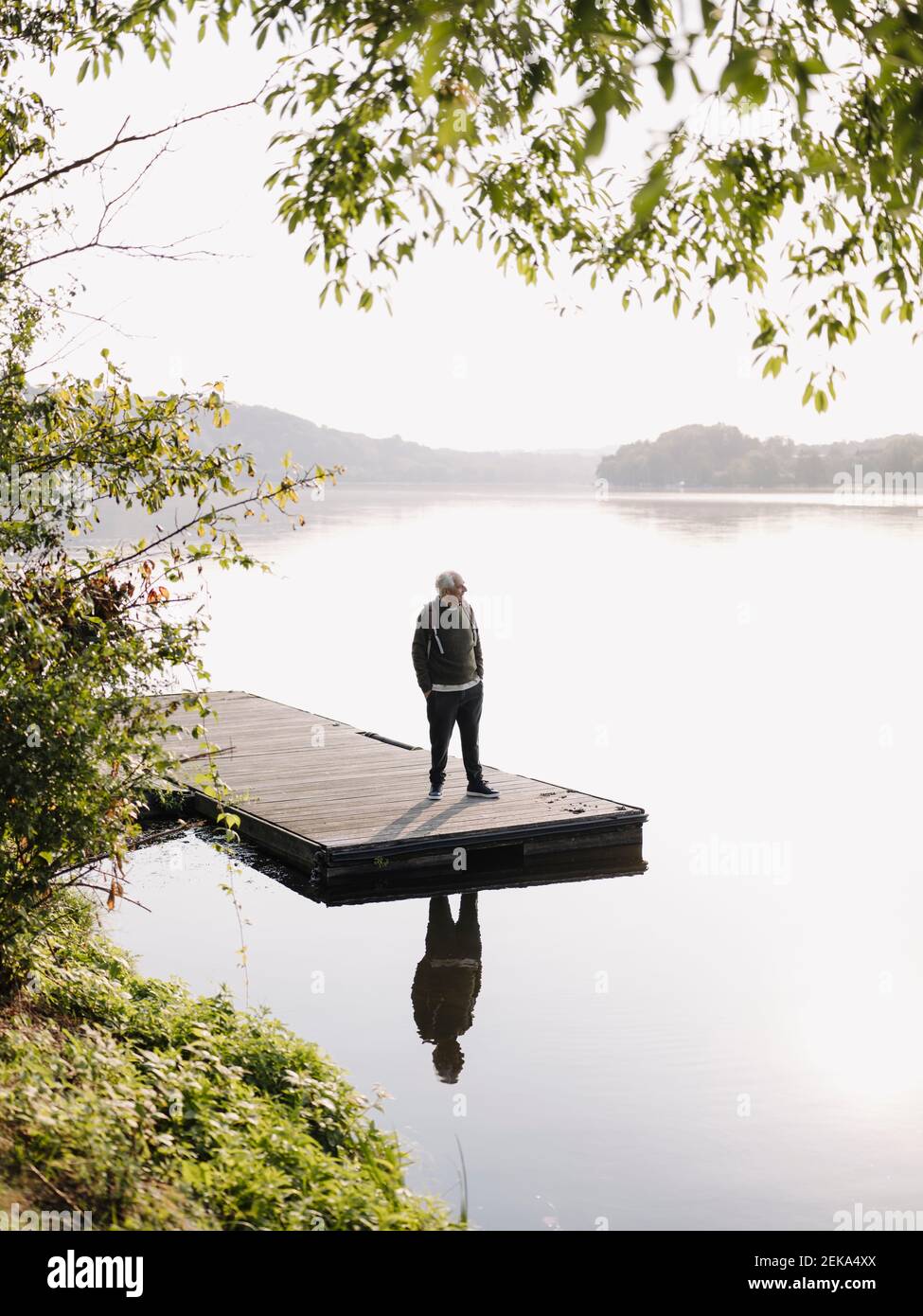 Homme regardant la vue en se tenant sur la jetée au bord du lac Banque D'Images
