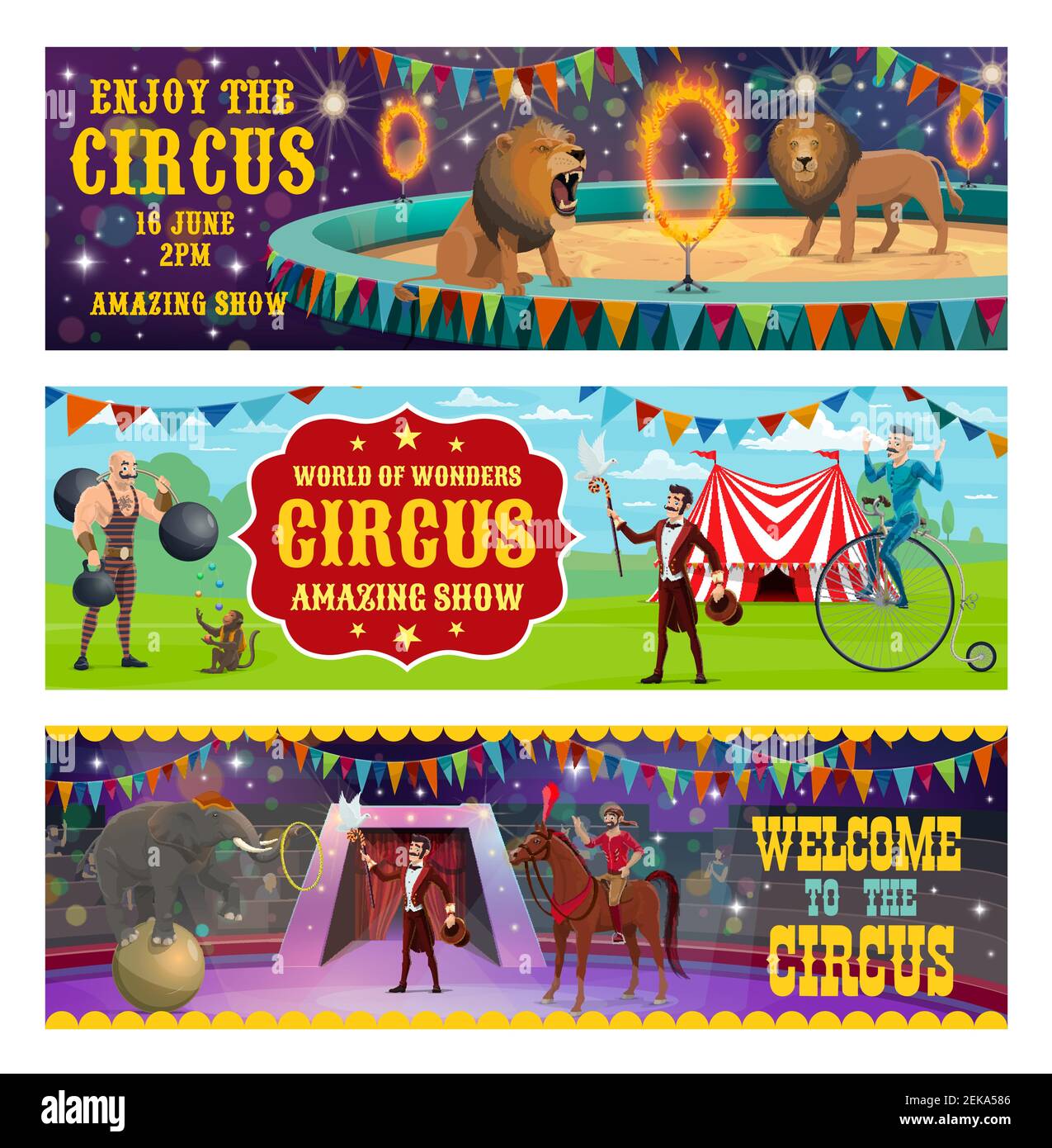 Grand spectacle de cirque affiche des bannières rétro vintage. Un tampon de cirque vectoriel avec des animaux de lion et d'éléphant équilibrant et sautant dans l'anneau de feu, muscle Illustration de Vecteur