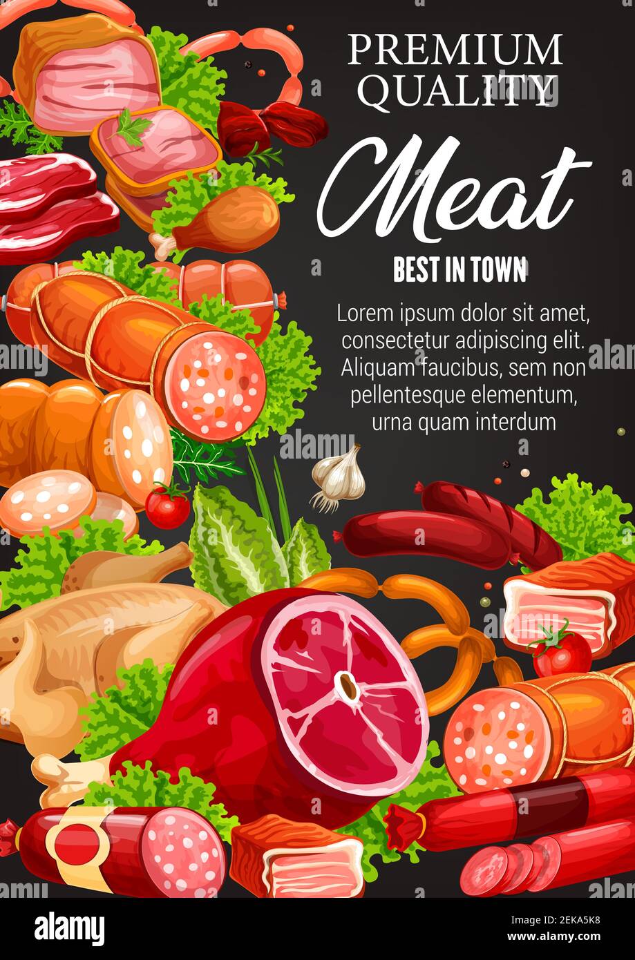 Saucisses gastronomiques, viande de boucherie et produits de viande fumée. Vector Butcher Shop cuisine fine, steak kotelet et volaille de boeuf, jambon de porc et de la baie Illustration de Vecteur