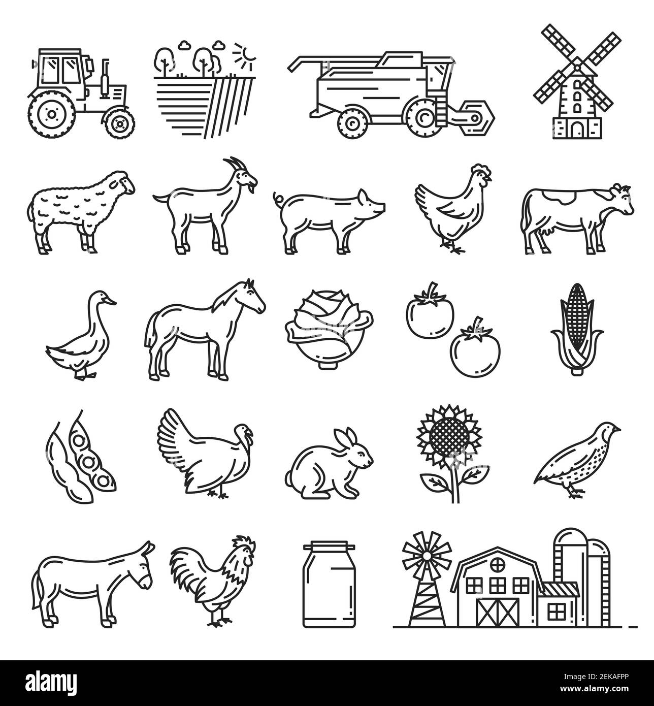 Agriculture, élevage de bovins et icônes agraires tracteur de récolte de fermiers isolés Vector, moulin à blé ou à seigle, légumes, vache ou cheval et bites Illustration de Vecteur