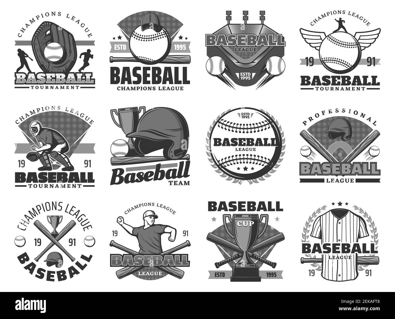 Sports de baseball, badges de club d'équipe ou icônes de tournois de ligue. Saison de championnat de baseball ou de softball Vector, batte de joueur et balle avec un hel de sécurité Illustration de Vecteur