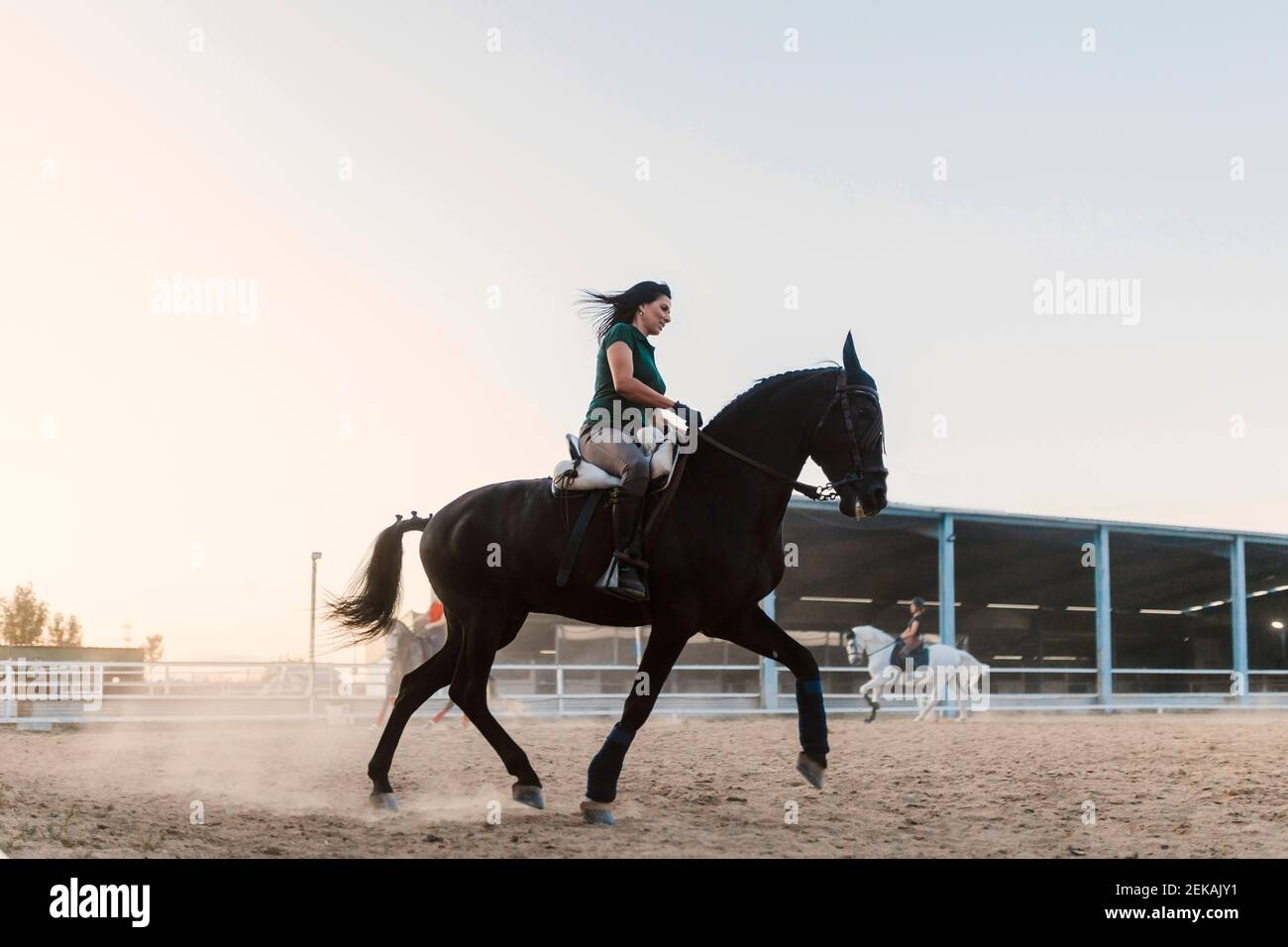 Femme adulte moyenne à cheval par ciel clair dans la ferme pendant le week-end Banque D'Images