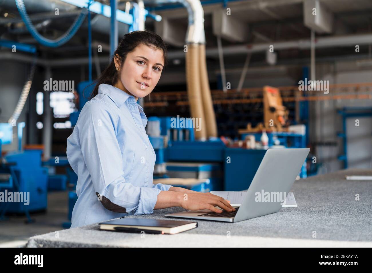 Femme d'affaires utilisant un ordinateur portable tout en travaillant dans l'industrie Banque D'Images