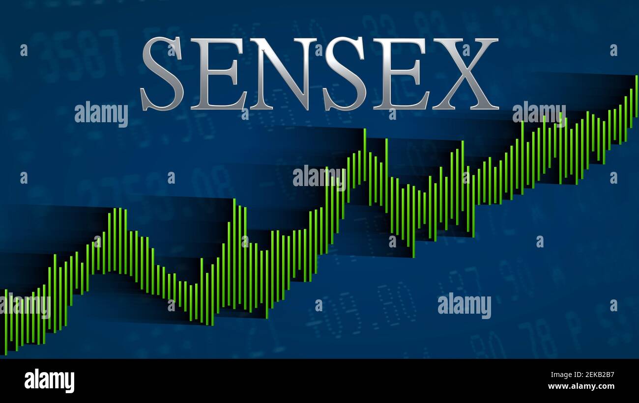 L'indice boursier ESB SENSEX de la Bourse de Bombay ne cesse d'augmenter. Le graphique à barres ascendantes vertes sur fond bleu avec le titre argenté... Banque D'Images