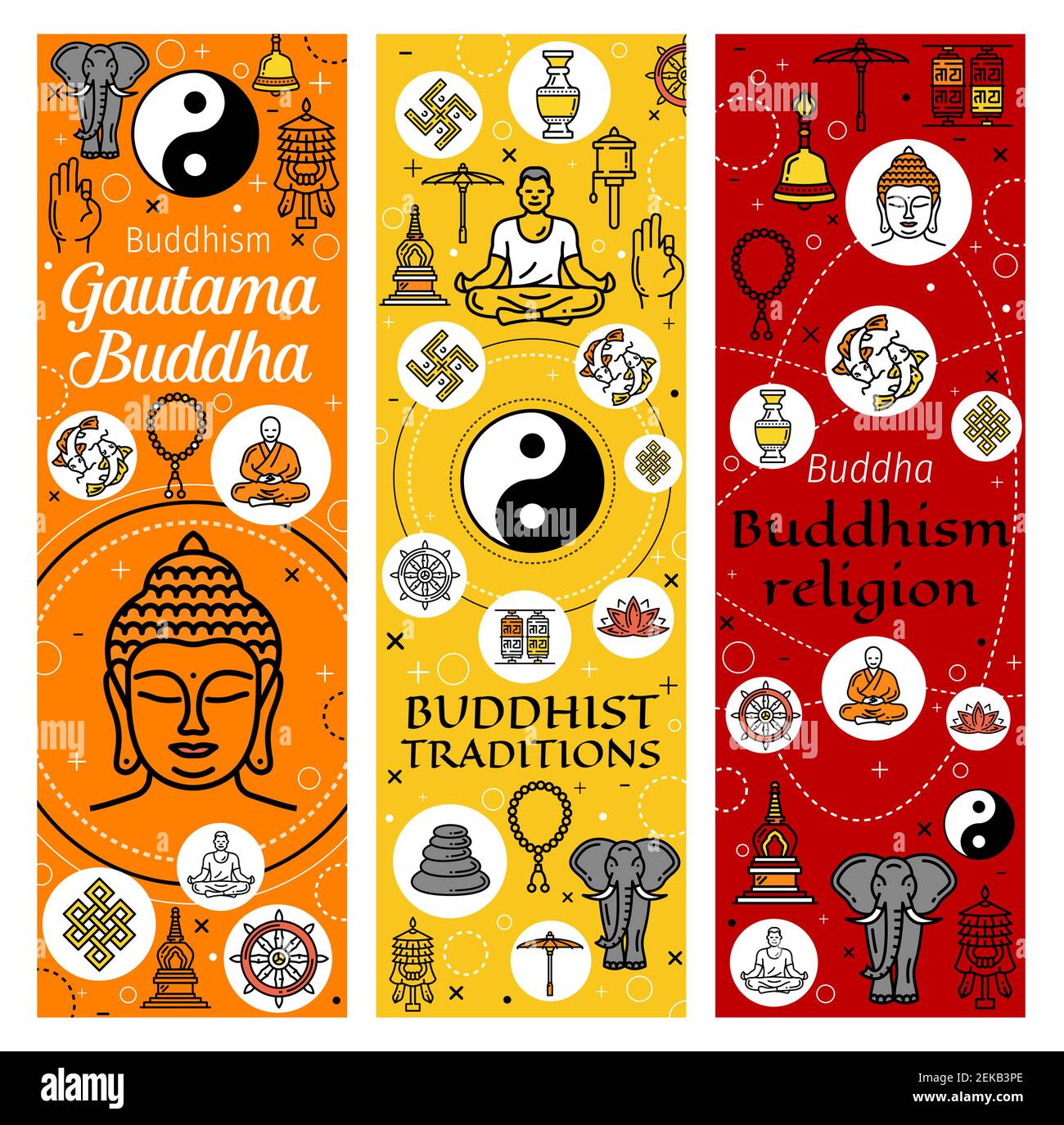 Le bouddhisme les bannières de religion de la méditation bouddhiste et les icônes de tradition bouddhiste. Vecteur Dharma roue, Yin Yang poisson et svastika signe, Bouddha avec mudra Illustration de Vecteur