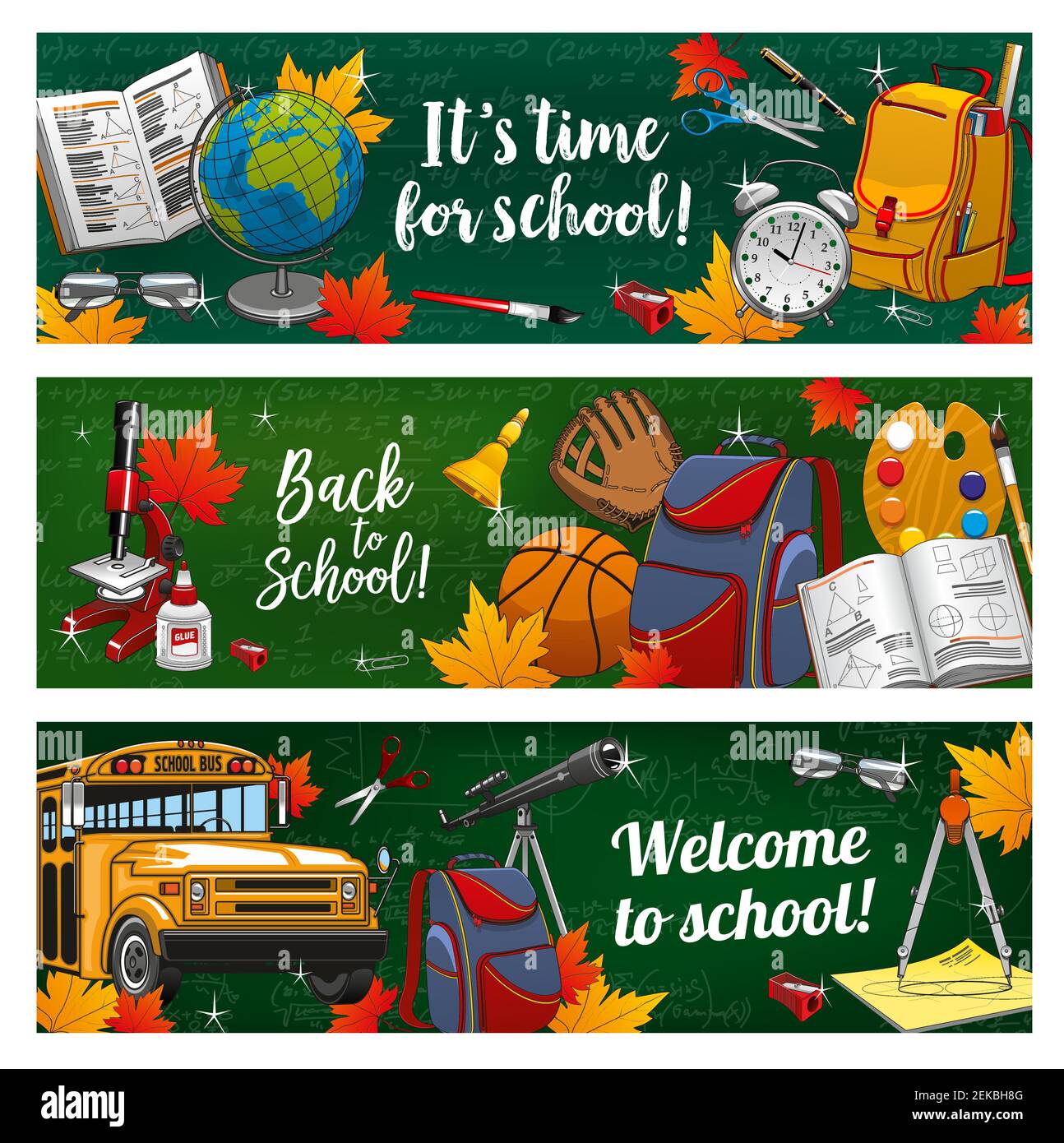 Des bannières de tableau de surveillance de la rentrée des classes de fournitures scolaires et d'articles d'étude des leçons. Vecteur Bienvenue à l'école, sac d'étudiant, formau de mathématiques Illustration de Vecteur
