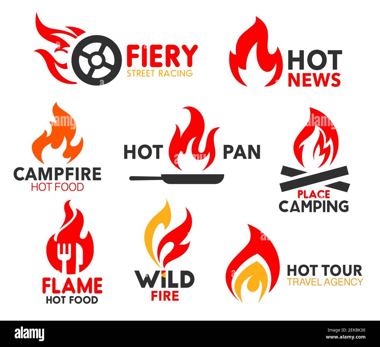 Icônes de flammes, chaleur brûlante. Vecteur d'identité d'entreprise signes de la cuisine épicée et le feu de grésillement sur la poêle, les courses de rue et les nouvelles chaudes, campi Illustration de Vecteur