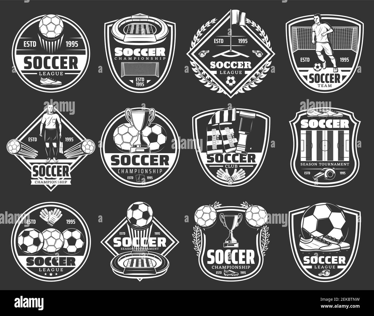 Badges de clubs de football, emblèmes d'équipes de football et icônes de coupes de championnat de sport. Tournoi de ligue de football Vector, ballon de football et coupe de victoire avec Laurier Illustration de Vecteur