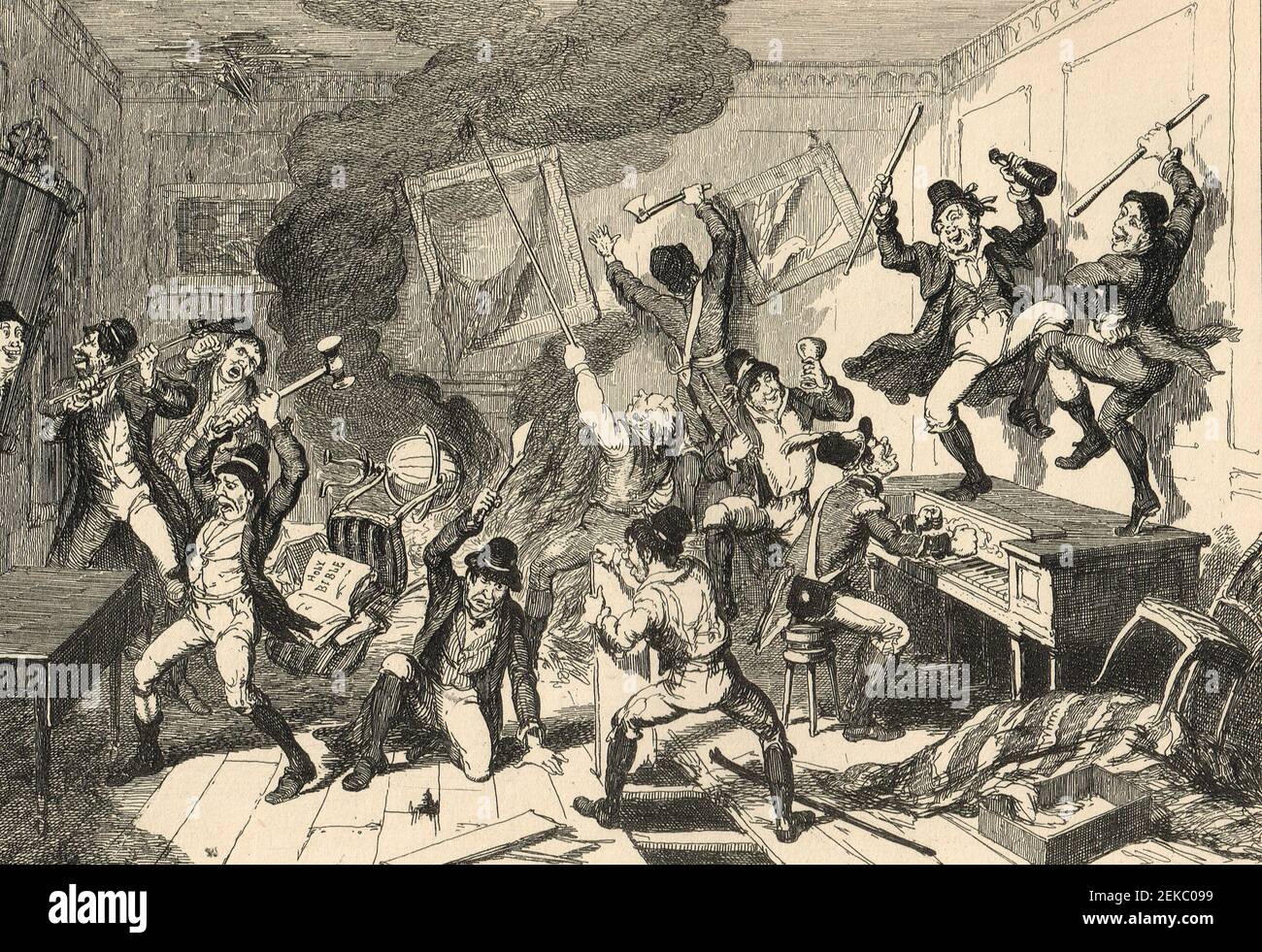 Rebelles détruisant une maison et des meubles, pendant la rébellion irlandaise de 1798 Banque D'Images