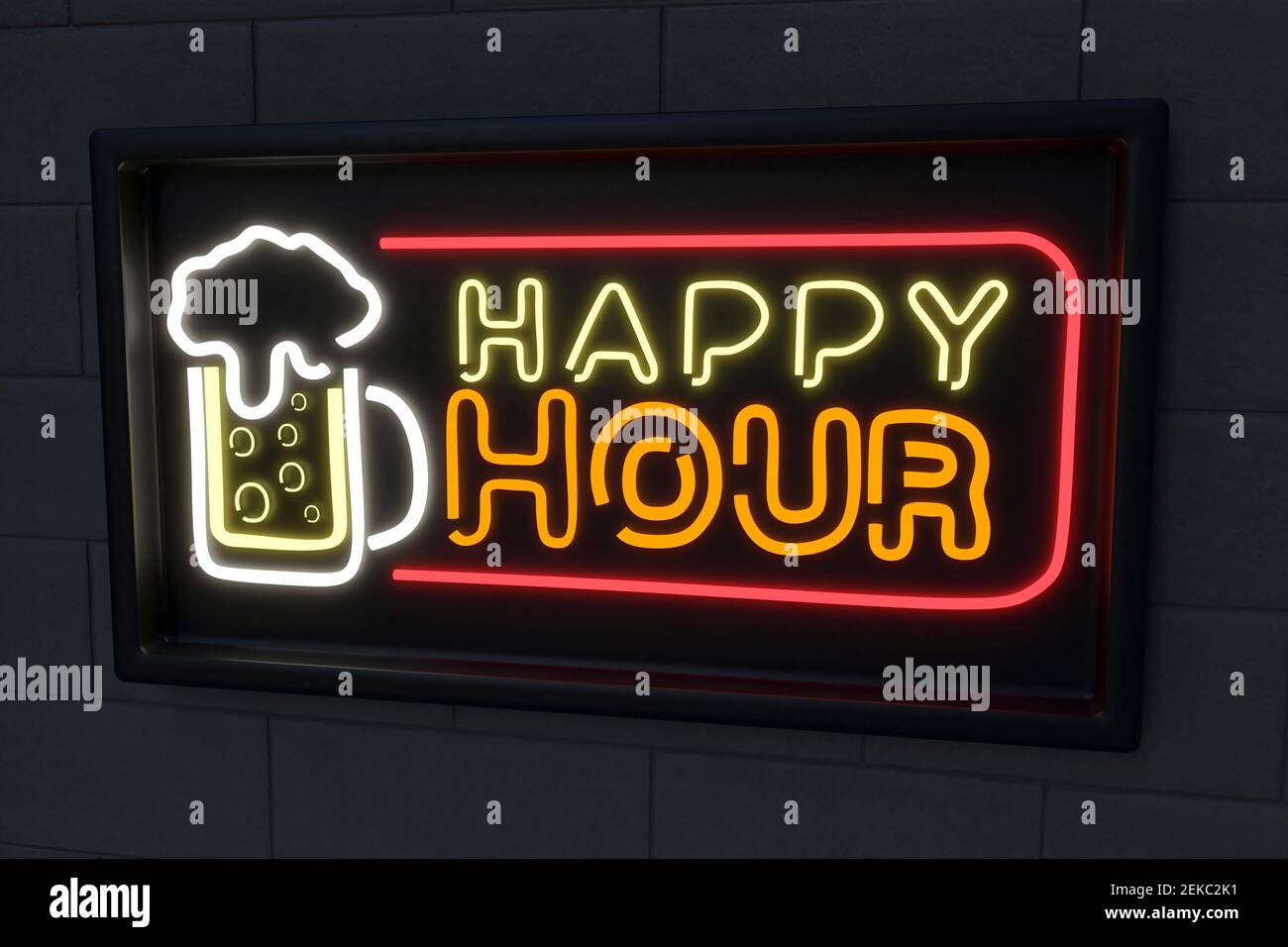 Verre à bière illuminé avec texte happy hour sur un mur noir Banque D'Images