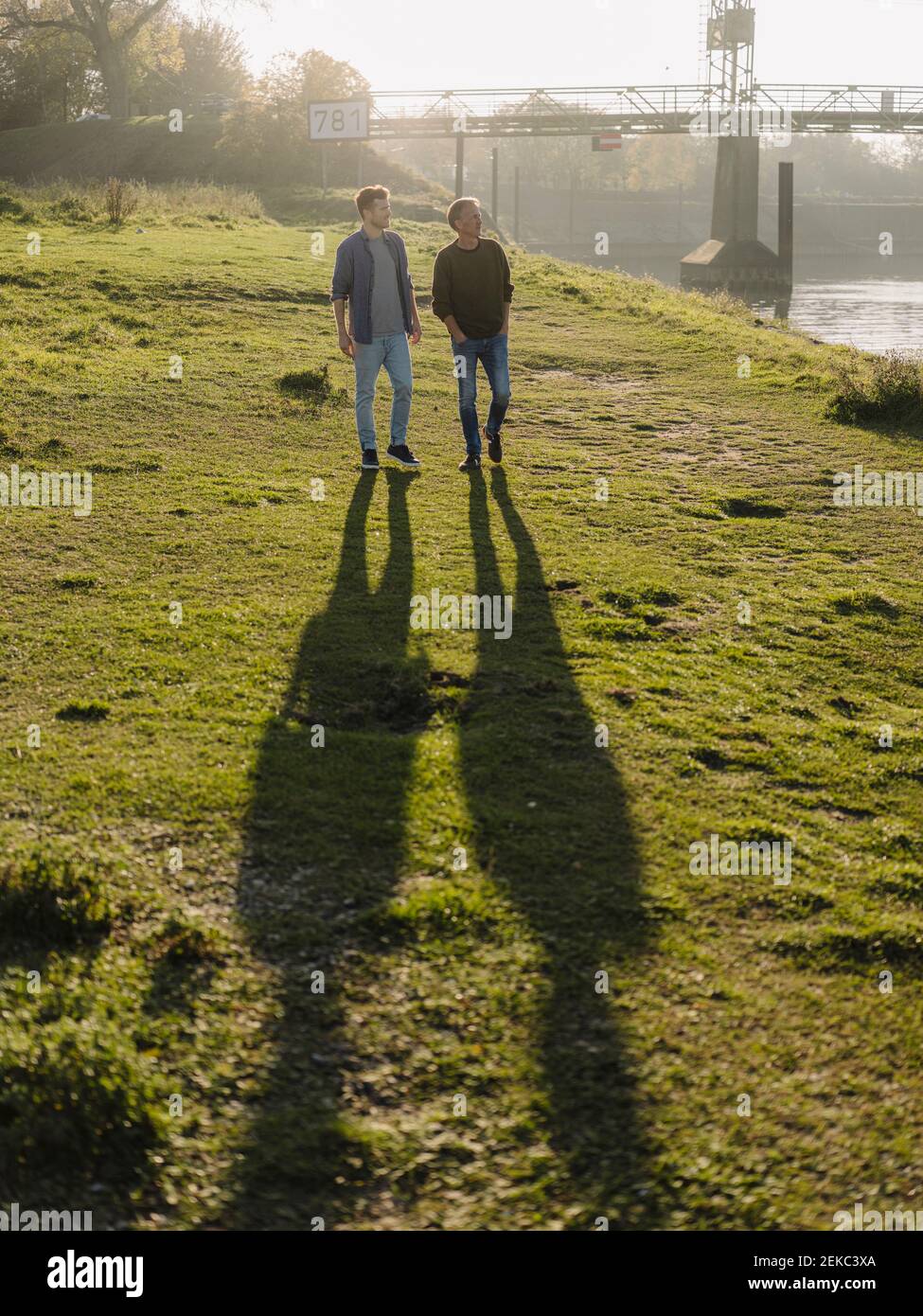 Fils et père marchant ensemble sur l'herbe pendant l'automne Banque D'Images Fils et père marchant ensemble sur l'herbe pendant l'automne Banque D'Images
