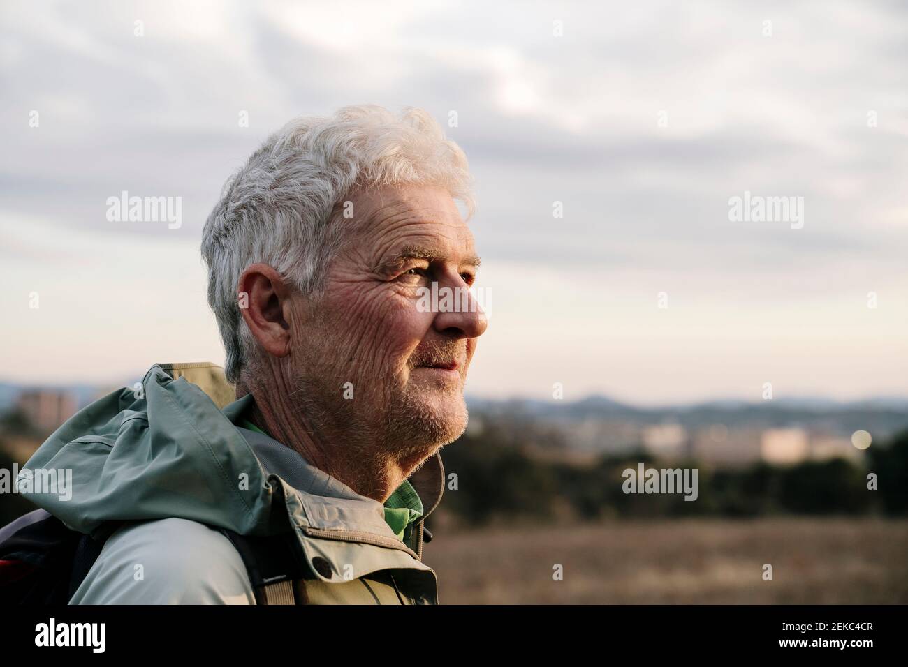 Homme senior souriant qui regarde la campagne pendant le coucher du soleil Banque D'Images