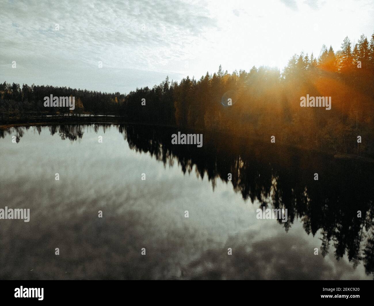 Vue panoramique sur le lac au milieu des pins contre le ciel forêt au coucher du soleil Banque D'Images