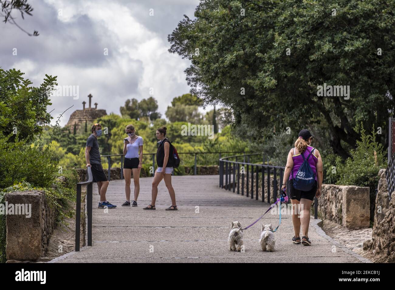 Une résidente est vue marcher ses animaux de compagnie près des touristes au parc Güell à Barcelone. Bien qu'ayant un accès libre pour les résidents de Barcelone pendant l'été, le parc Güell, l'un des espaces les plus visités de la ville de Barcelone, a un faible taux de fréquentation des touristes et des visiteurs en raison des épidémies de contagion Covid-19. (Photo par Paco Freire / SOPA Images / Sipa USA) Banque D'Images