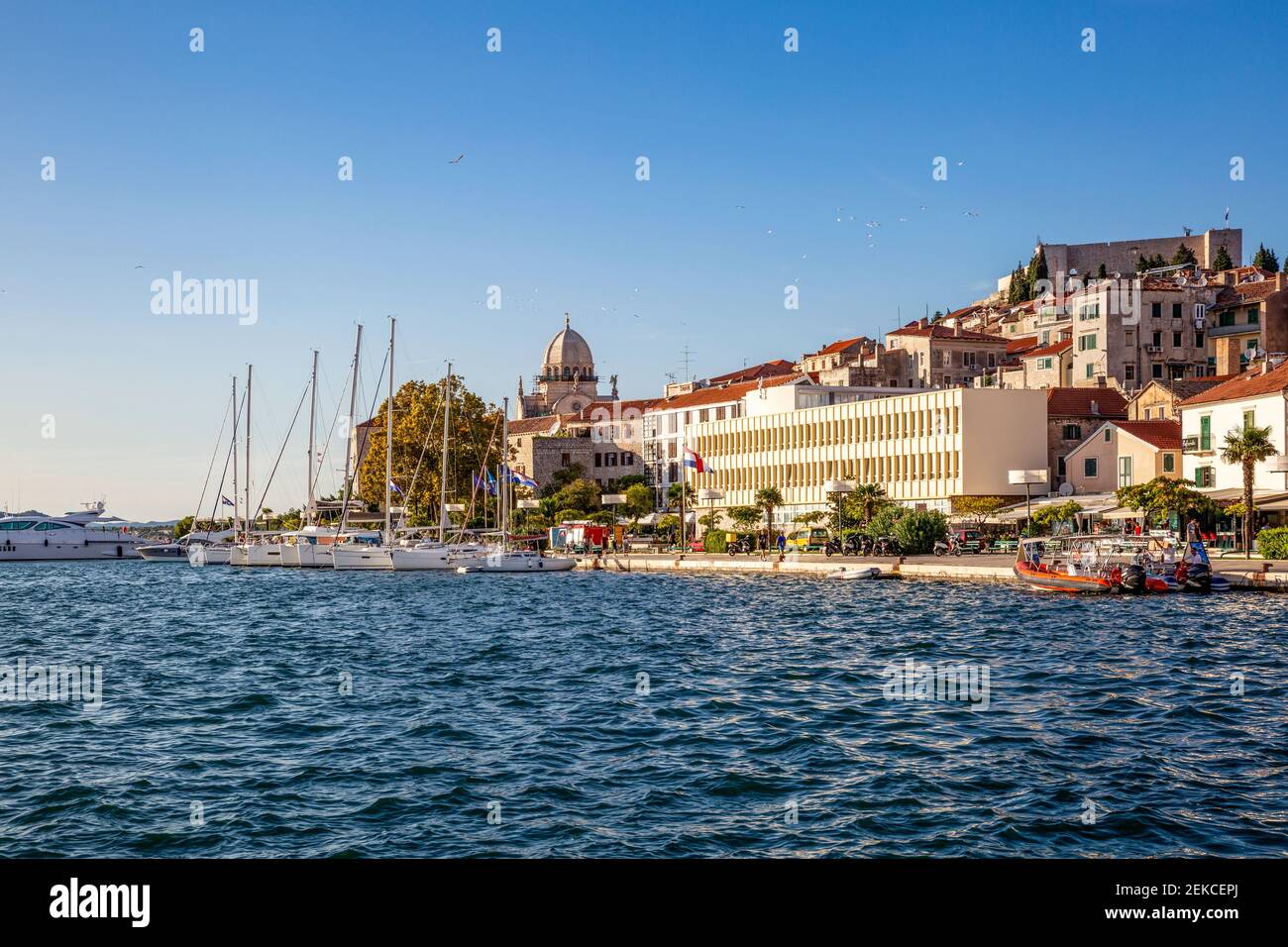 Croatie, comté de Sibenik-Knin, Sibenik, Marina avec cathédrale de Saint James en arrière-plan Banque D'Images