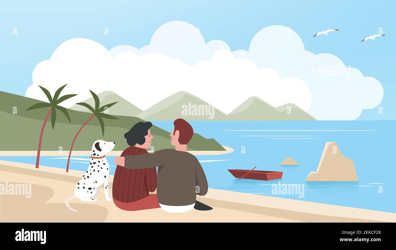 Homme et femme couple passent du temps avec un animal de compagnie sur la plage ensemble, se détendre avec son propre chien dehors, aimant animaux domestiques illustration vectorielle Illustration de Vecteur