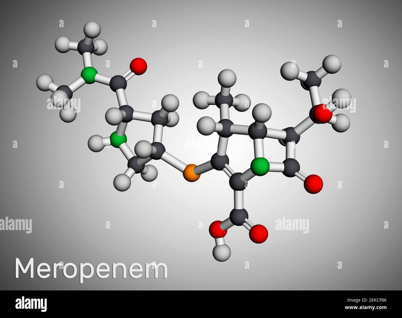 Molécule de meropenem. Il s'agit d'un antibiotique carbapénème à large spectre. Modèle moléculaire. Rendu 3D. Illustration 3D Banque D'Images