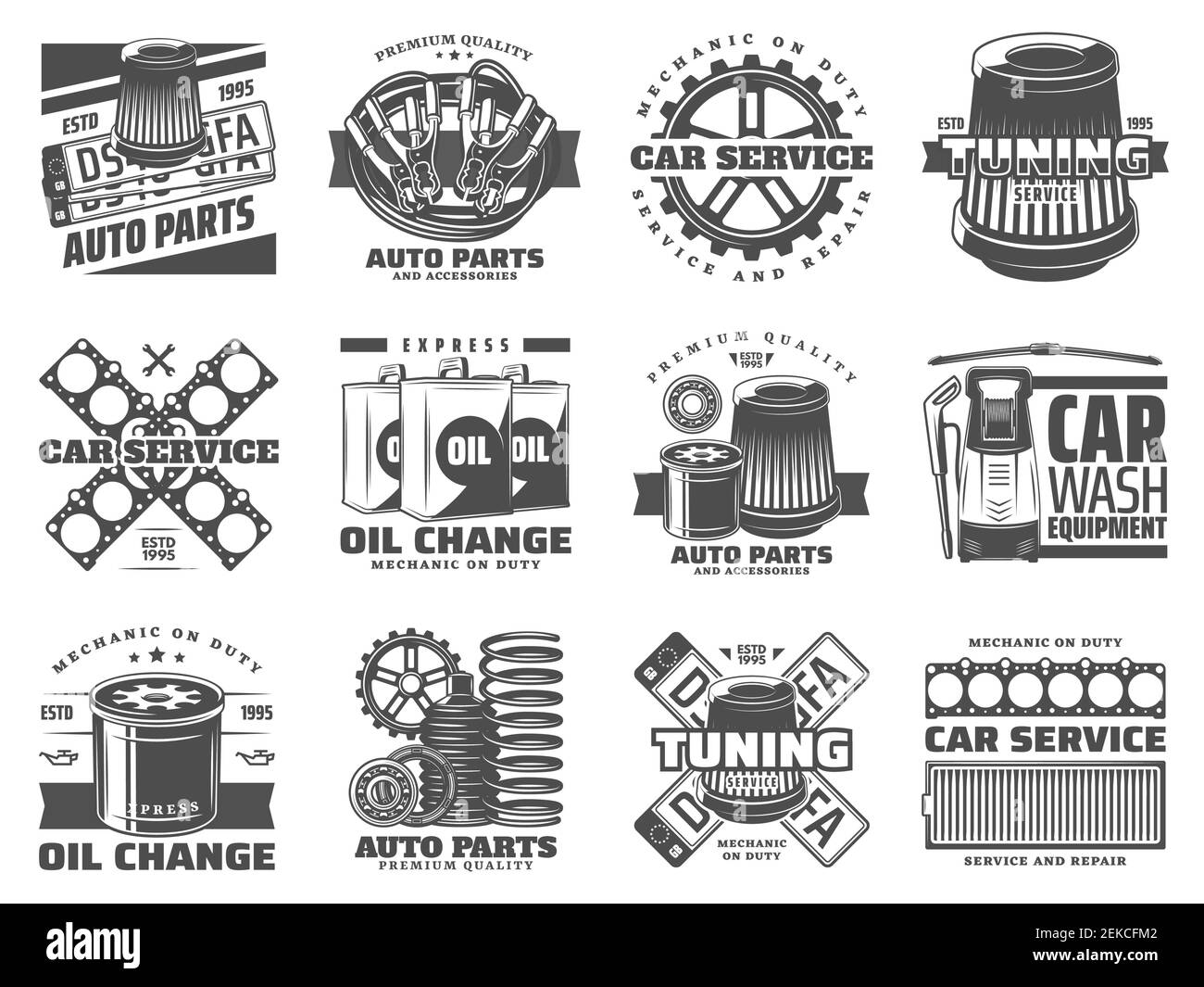 Design rétro des icônes de service de voiture avec pièces de rechange et équipement de lavage de voiture. Réglage du véhicule, vidange de l'huile moteur et engrenage mécanique, filtres, roulement et Illustration de Vecteur
