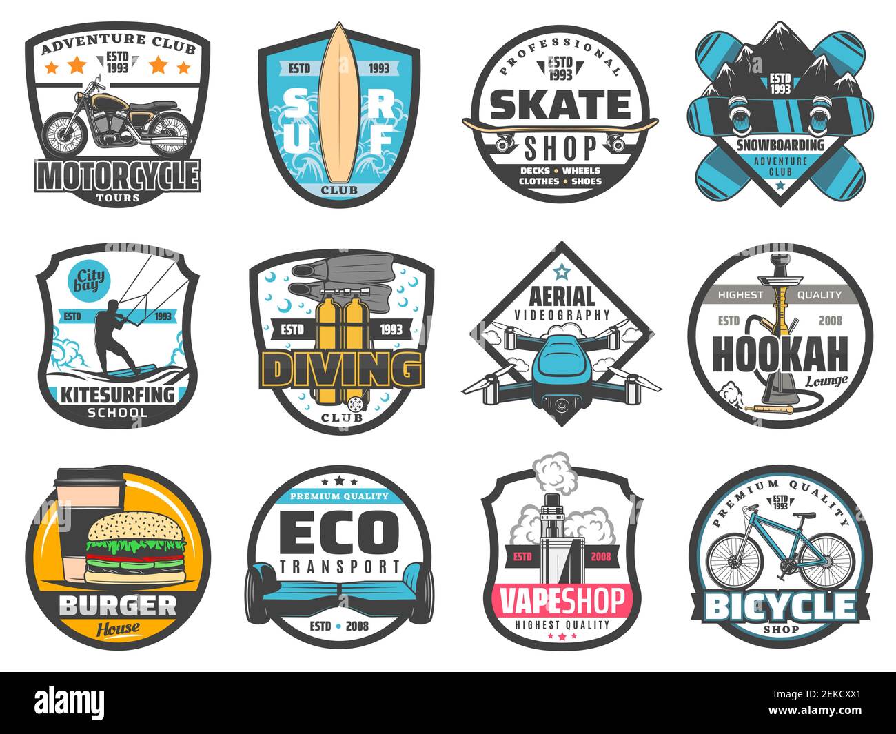 Badges vectoriels d'activités de loisirs de sport, de voyage et d'aventure, de divertissement et de passe-temps. Clubs de moto, vélo ou gyro, surf, patinage, sno Illustration de Vecteur