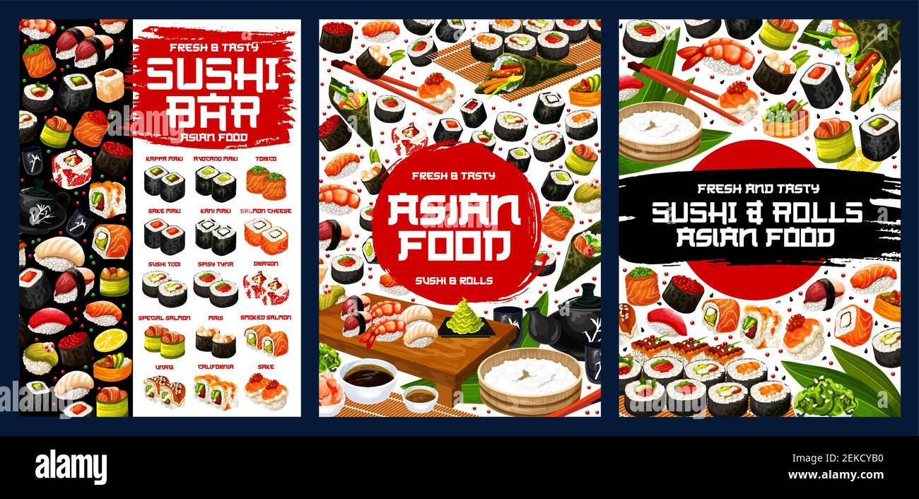 Menu sushi de cuisine japonaise, petits pains au restaurant, sushis nigiri et temaki, design asiatique vecteur de nourriture. Riz, poisson et fruits de mer maki, saumon, thon et shri Illustration de Vecteur