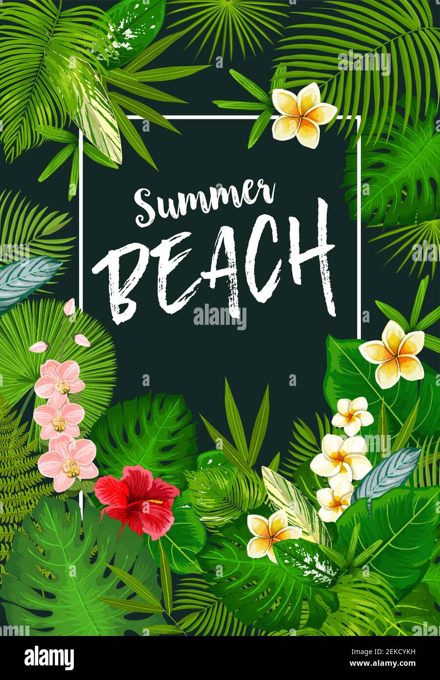 Bannière de vacances d'été à la plage avec cadre de feuilles de palmier tropicales et de fleurs. Feuillage vert d'île exotique de la monstère, de la fougère et de la banane, hibiscus, Illustration de Vecteur