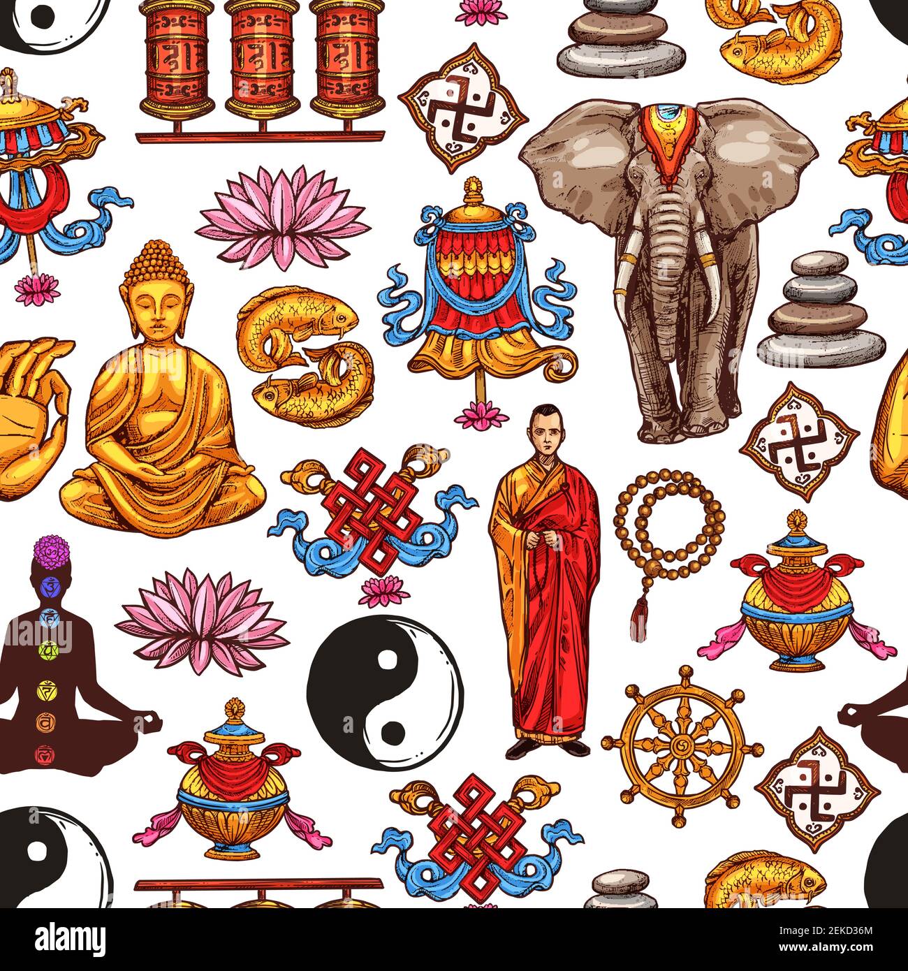 Bouddhisme religion vecteur fond sans couture modèle avec des symboles religieux sacrés orientaux. Bouddha, moine bouddhiste et yoga, lotus, yin yang et dommage Illustration de Vecteur