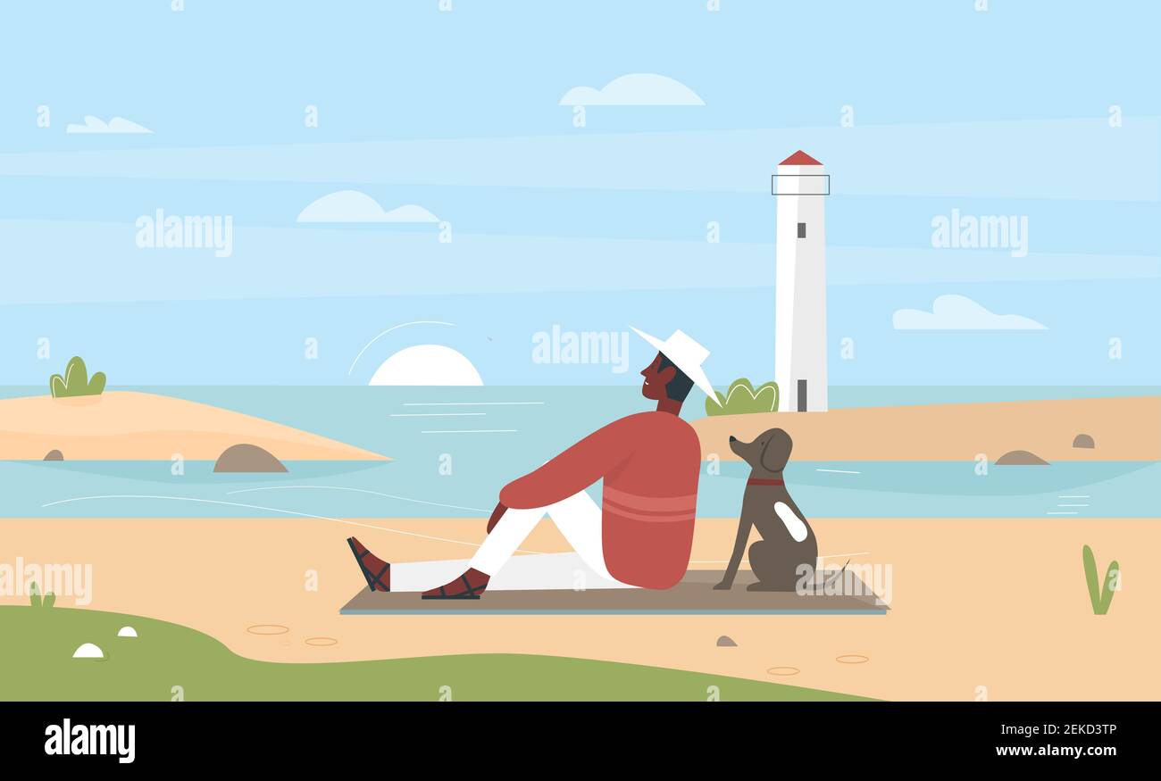 Homme propriétaire d'animal de compagnie assis sur la plage de mer avec l'illustration de vecteur ami de chien. Caricature jeune homme heureux personnage se relaxant avec son propre chien en bord de mer avec coucher de soleil, phare sur fond d'île Illustration de Vecteur