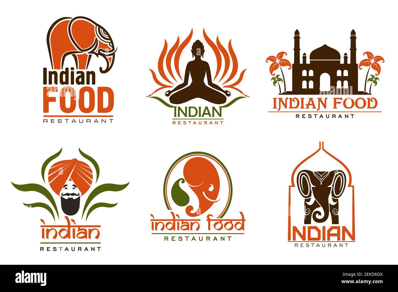 Restaurant indien de la cuisine asiatique vecteur alimentaire icônes de l'homme avec la moustache, la barbe et le turban, le palais Taj Mahal et pose de yoga, chef indien, éléphant et Illustration de Vecteur