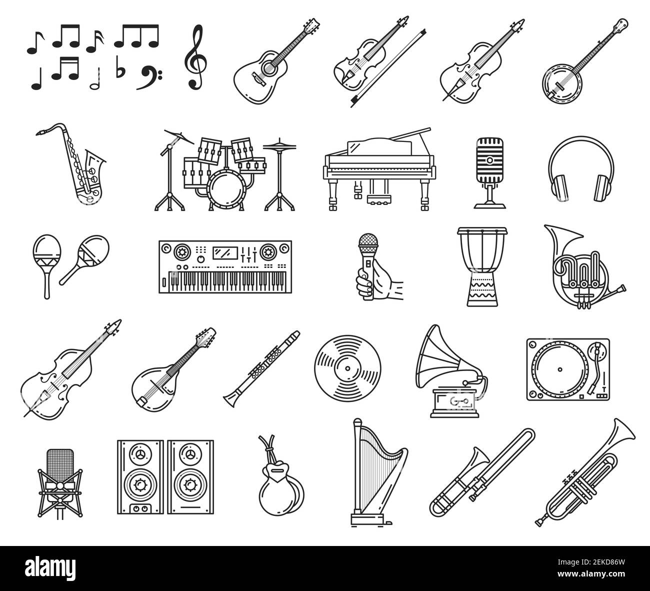 Musique icônes de ligne fine des instruments de musique et de conception de vecteur d'équipement sonore. Microphone, piano et guitare, saxophone, batterie et haut-parleurs, musique Illustration de Vecteur