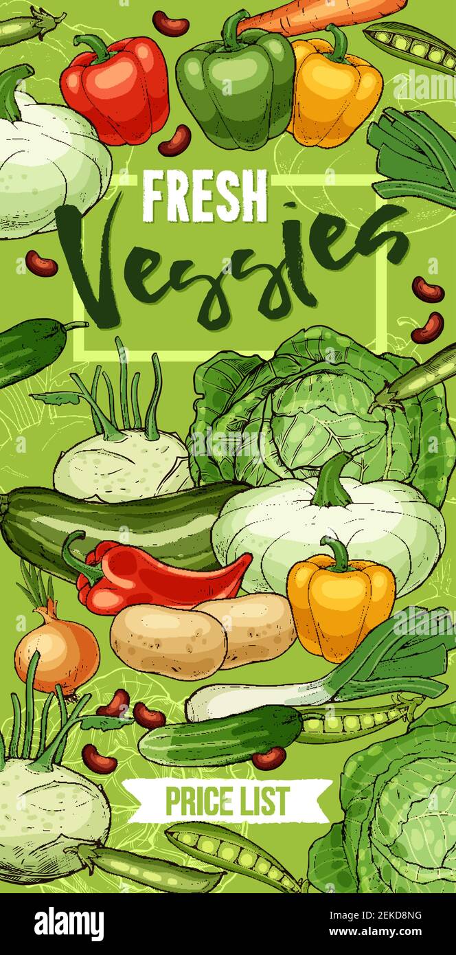 Légumes frais et haricots vector avec des croquis de poivre, carotte et chou, oignon, pomme de terre et courgettes, pois verts, kohlrabi et poireau, patty Illustration de Vecteur