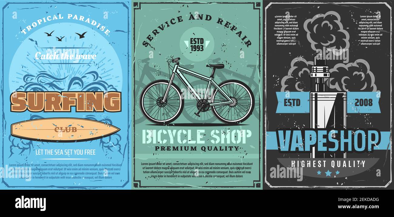 Club de sport de surf, boutique de vélos et magasin de vente de vape design  vectoriel avec planche à surf, vélo et kit de cigarette électronique.  Voyages, tourisme, loisirs et pêche à