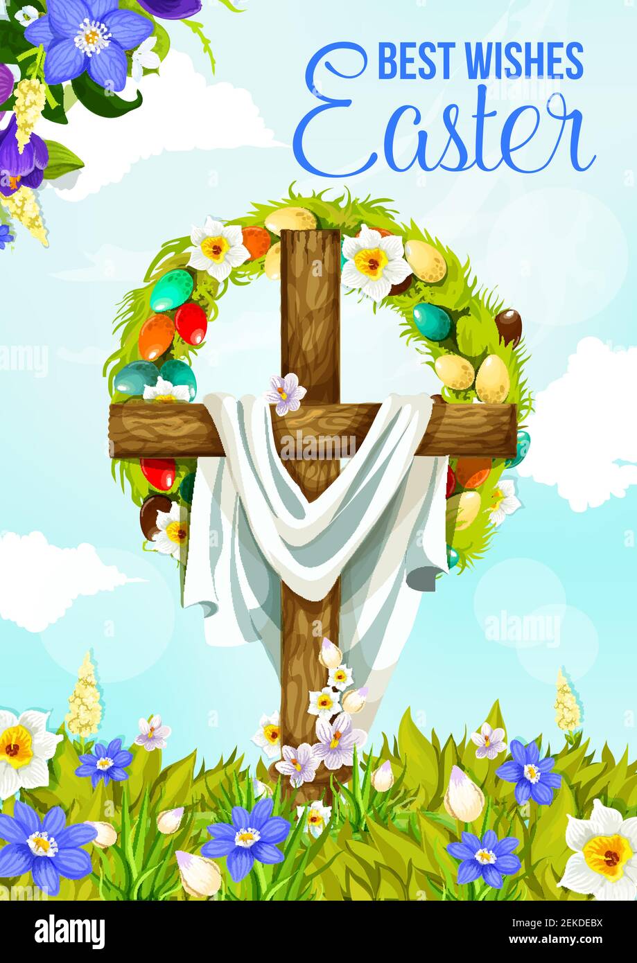 La croix de Pâques salutation bannière de la religion chrétienne printemps de vacances design. Jésus Christ crucifix avec oeuf de Pâques et couronne de fleur sur champ floral avec Illustration de Vecteur