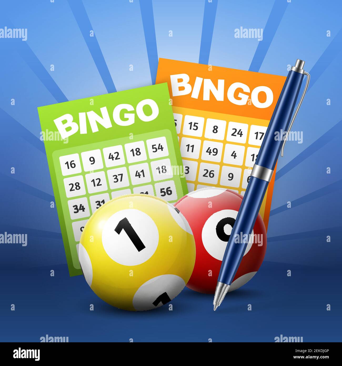 Balles de loterie et billets de bingo 3D vector design. Lotto et keno jeu de Paris de jeu de sport glisse avec des nombres et le stylo à bille affiche de jeu ind Illustration de Vecteur