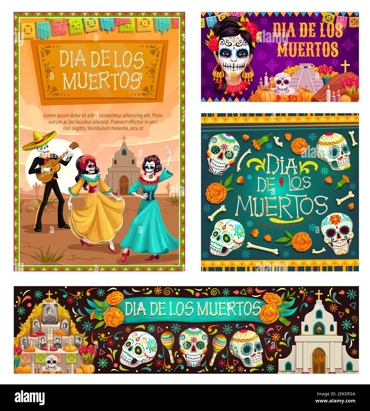 Dia de los Muertos, vacances traditionnelles mexicaines, célébration du jour des morts. Vecteur dansant les gens partis, dessin animé squelette crânes avec ornements de Mexique, un Illustration de Vecteur