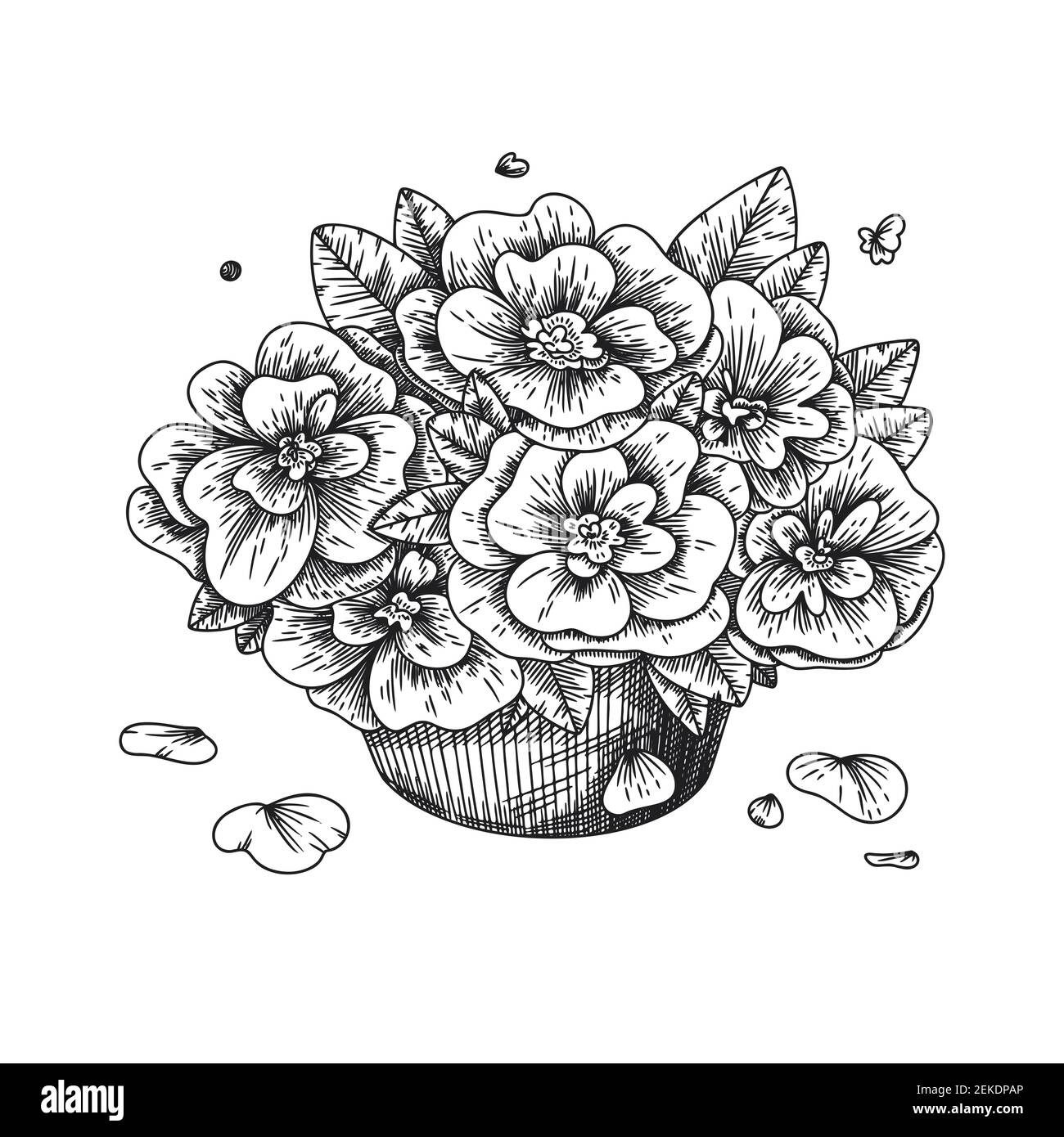 Fleurs dans un vase. Bouquet isolé sur fond blanc. Illustration vectorielle dans le style d'esquisse. Illustration de Vecteur