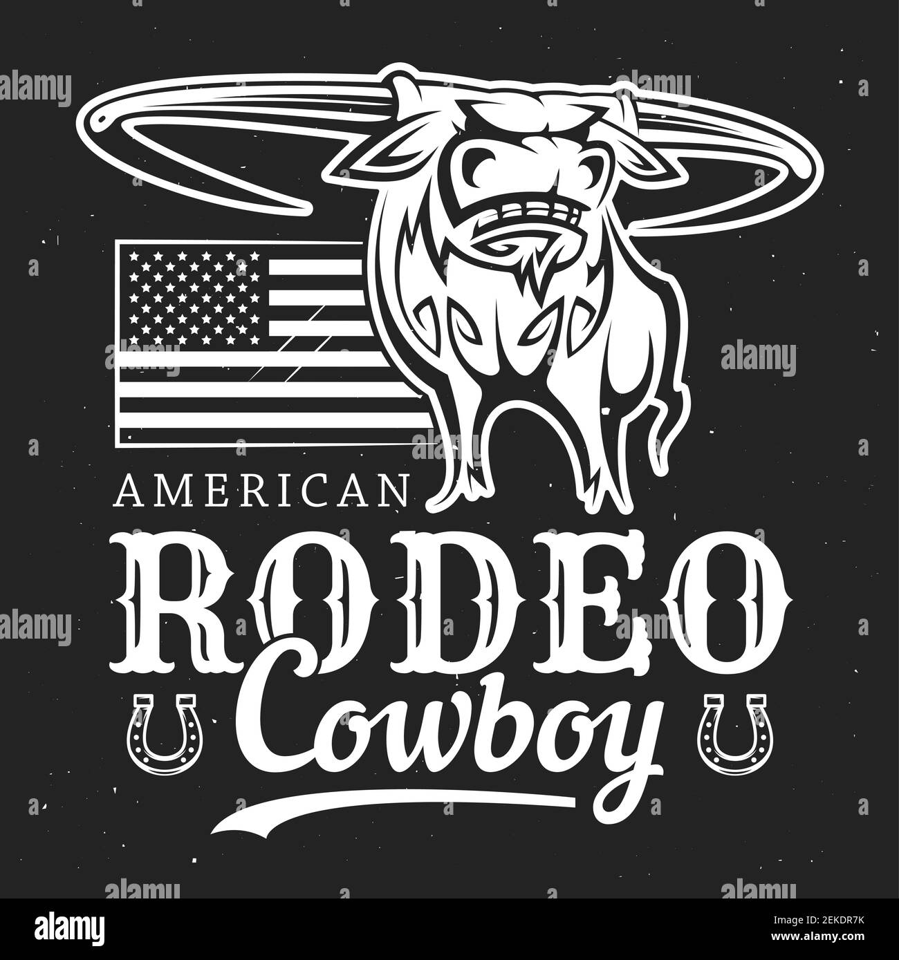 Cowboy rodeo, American Western Bull rider sport affiche vintage. T-shirt vectoriel blanc et noir, étiquette de contour de longhorn Bull avec lasso de cowboy rider, Illustration de Vecteur