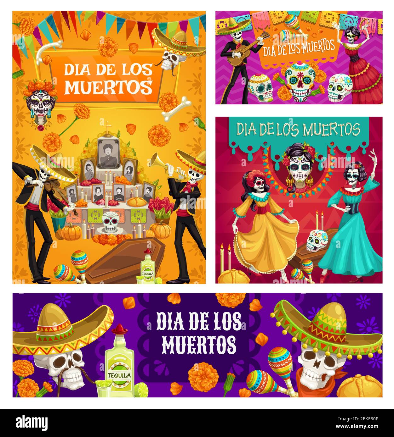Jour des morts crânes de sucre vecteur, squelettes mariachi et Catrina Calavera, Dia mexicain de los Muertos autel, sombreros et fleurs marigold, garla drapeau Illustration de Vecteur