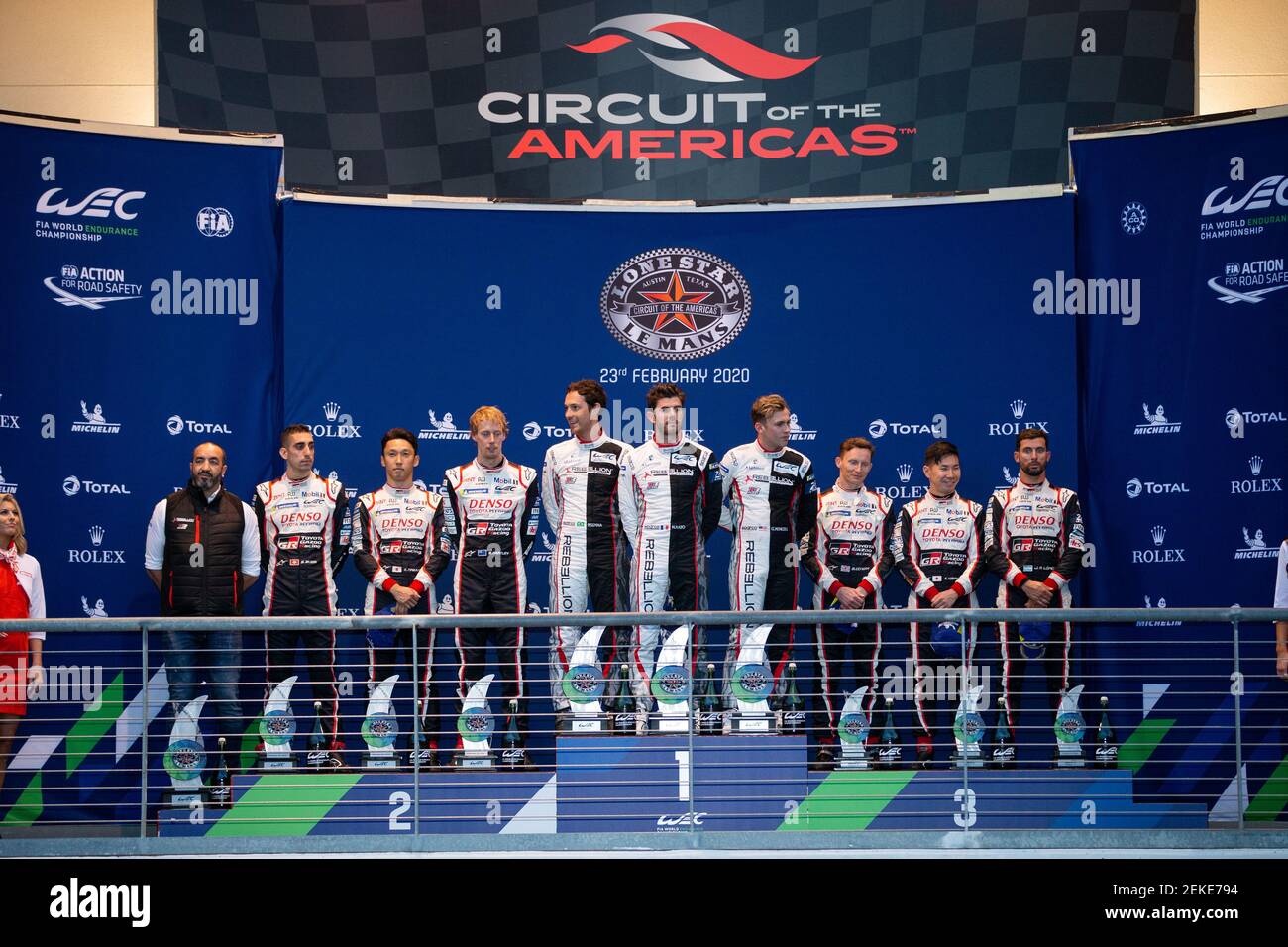 01 SENNA Bruno (BRA), MENEZES Gustavo (etats-unis), OTAN Norman (fra), Rebellion R13 Gibson team Rebellion Racing, 07 CONWAY Mike (gbr), KOBAYASHI Kamui (jpn), Jose LOPEZ Maria (arg), Toyota TS050 Hybrid team Toyota Gazlick Racing, 08 BUEMI SEBASTIE (che), JUSHI (Navima), naxley (navima), zendon, ZHAKI (navima), ZHAKI (nina) Toyota TS050 équipe hybride Toyota Gazoo course, podium pendant le Lone Star le Mans 2020, 6 heures de circuit of the Americas, cinquième tour de la saison 2020 du Championnat du monde d'endurance FIA du 21 au 23 février à Austin, USA - photo Antonin Vincent / DPPI Banque D'Images