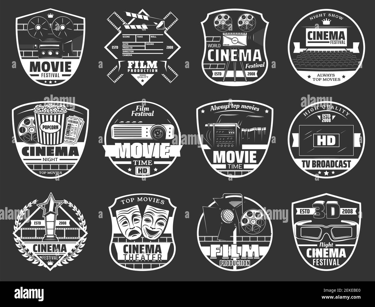 Festival de cinéma, soirée de première de cinéma et société de télévision. Les icônes de la cinématographie vectorielle du producteur de film clapperboard, caméra vidéo HD et Illustration de Vecteur