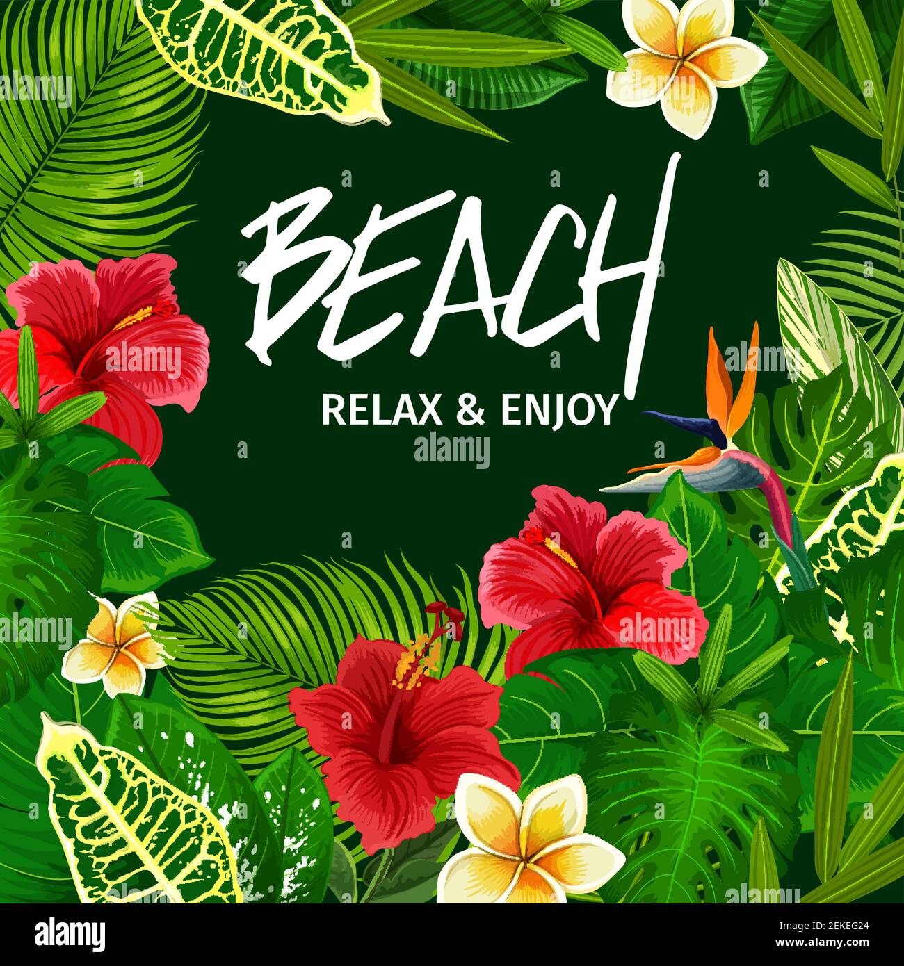 Invitation à la fête sur la plage avec des feuilles de palmier tropicales et des fleurs exotiques cadre. Vacances d'été et affiche florale de vacances, décorée par un arbre de jungle et pla Illustration de Vecteur