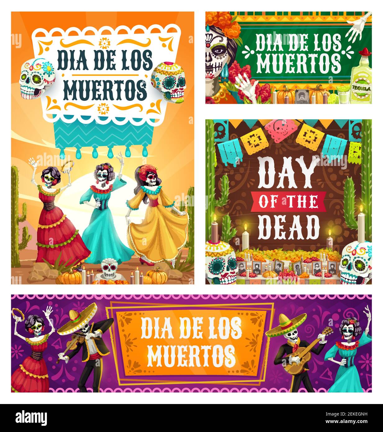 Squelettes dansants de Dia de los Muertos Mexique de conception de vecteur de vacances. Autel du jour de mort avec des crânes de sucre, Catrina Calavera et mariachi avec sombère Illustration de Vecteur