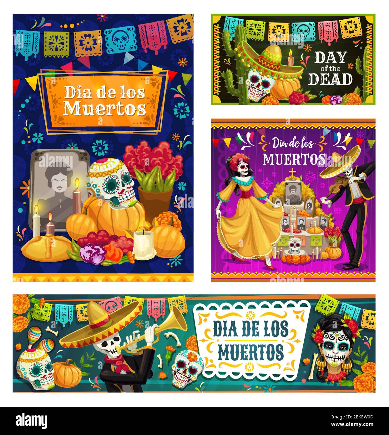 Dia de los Muertos sucreries sur autel et dancing squelettes bannières vectorielles. Fête mexicaine des morts mariachi et Catrina avec sombrero, maracas et Illustration de Vecteur