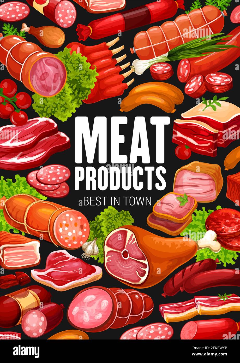 Produits à base de viande et saucisses plats de charcuterie, affiche de boucher. Salami et saucisses de cerveil, beefsteak et bacon ou fumée à la ferme Vector Illustration de Vecteur