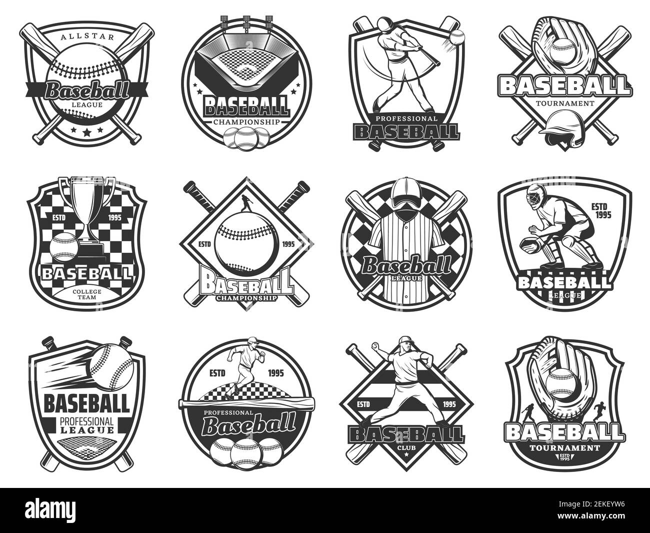Championnat de baseball, badge de club de softball et icônes de tournoi de ligue. Emblèmes vectoriels de baseball, quart de joueur avec batte a Illustration de Vecteur