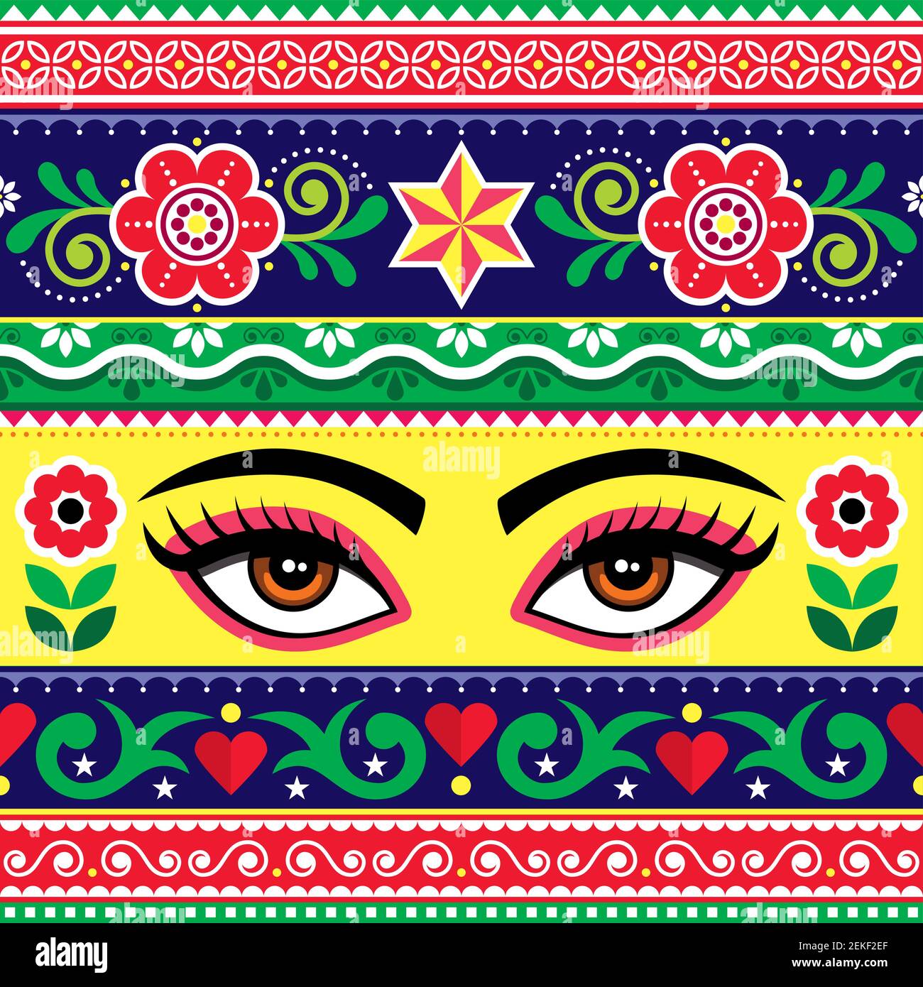 Motif vectoriel artistique pakistanais ou indien avec femme yeux et fleurs - imprimé textile ou tissu Illustration de Vecteur