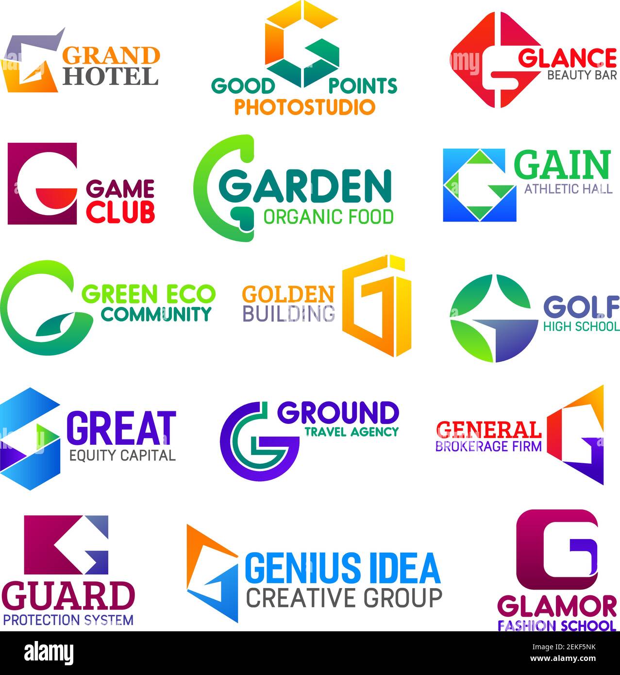 Icônes d'entreprise de la lettre d'identité G. Vector Recreation et photostudio, beauté et jeux, alimentation et sport, écologie et construction. Finances et tr Illustration de Vecteur