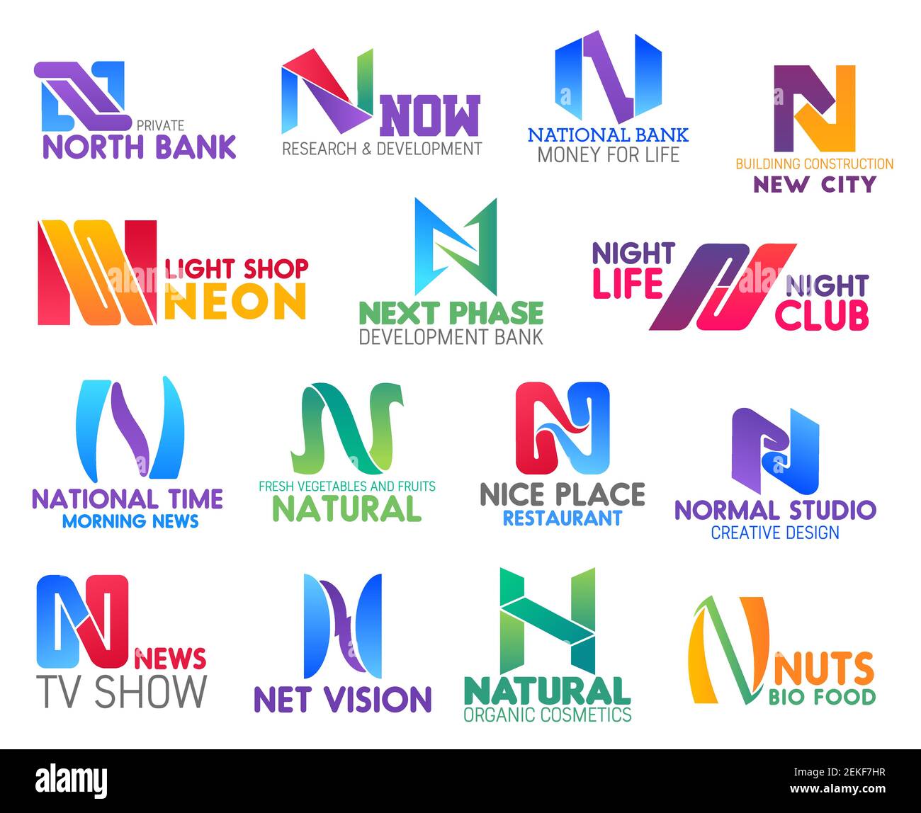 Icônes d'entreprise de la lettre d'identité N. Banques et sciences, finances, construction et lumière, divertissement, actualités et nourriture, Design et télévision, Int Illustration de Vecteur