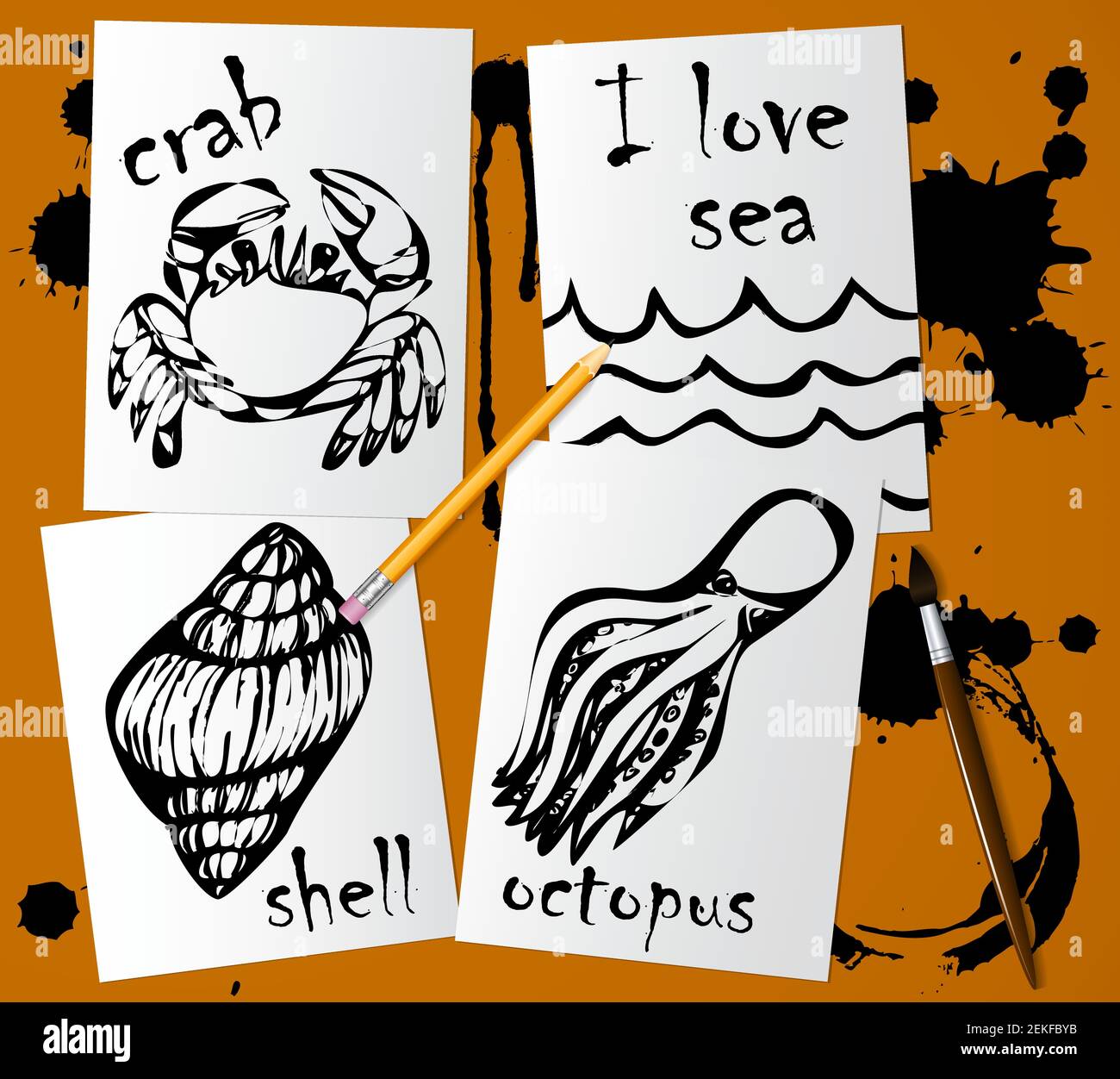 Dessins graphiques d'animaux marins faits de mascara noir sur papier blanc. Crayon, pinceau et taches d'encre sur la table. Dessin et créativité sur le Illustration de Vecteur