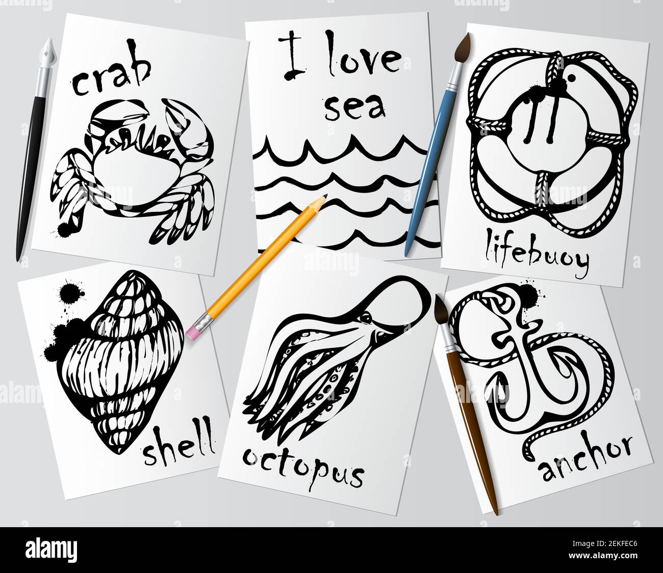 Dessins graphiques d'animaux marins faits de mascara noir sur papier blanc. Crayon, pinceau et stylo sur la table. Dessin et créativité sur le thème de la mer Illustration de Vecteur