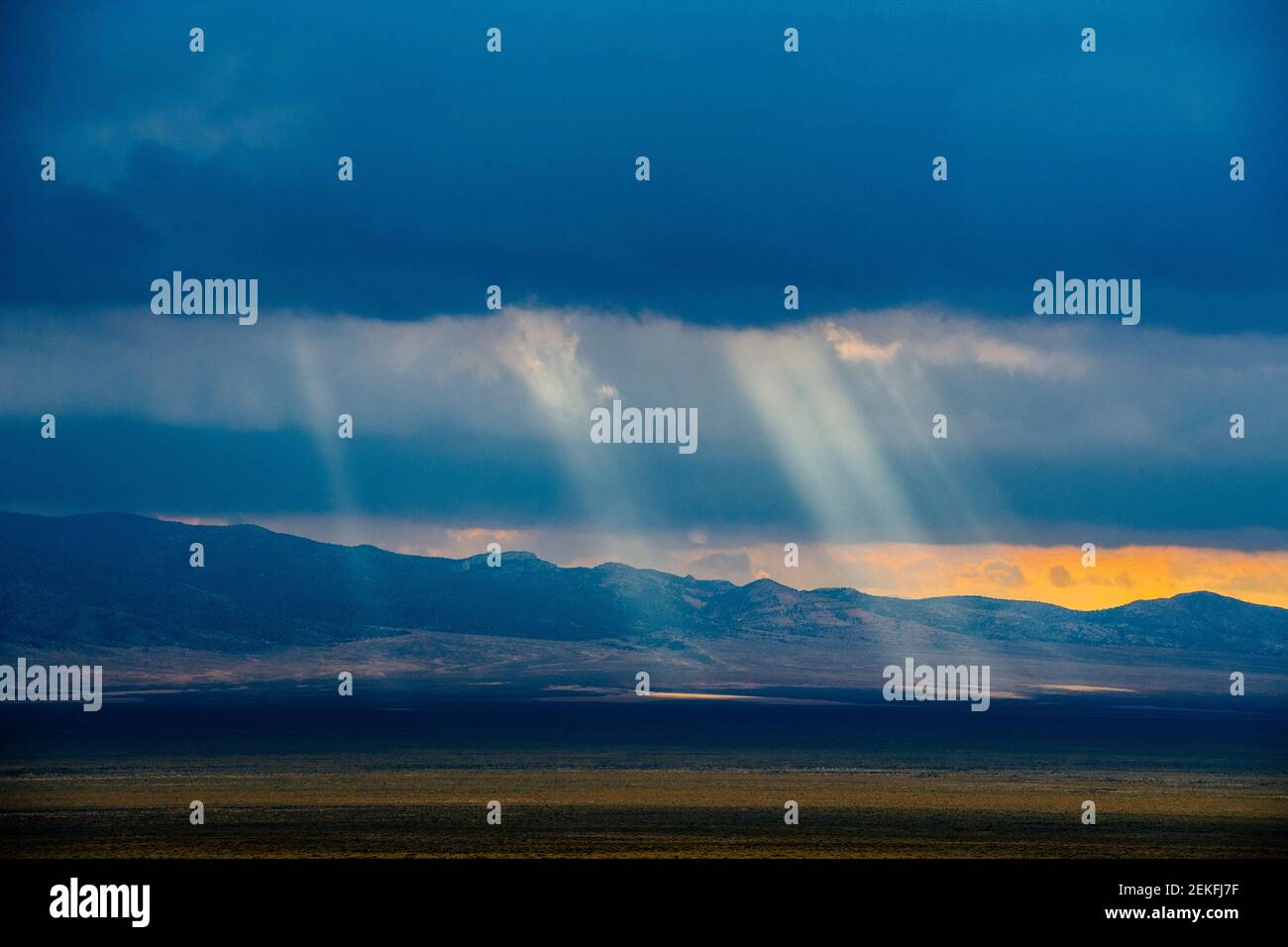 Rayons de soleil rayant à travers les nuages de tempête, parc national de Great Basin, Nevada, États-Unis Banque D'Images